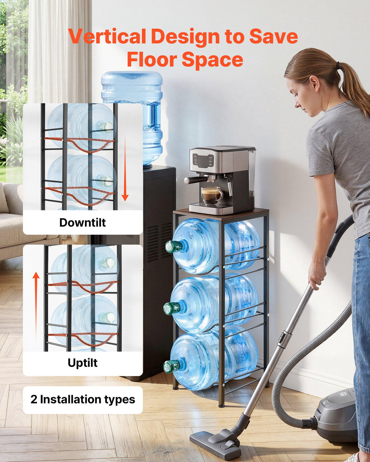 Water Jug Holder, 4 Tiers 3 and 5 Gallon Water Bottle Holder for 3 Bottles, Heavy Duty Jug Rack Organizer with Storage Shelf, Detachable for Kitchen, Office, Living Room, Black and Brown