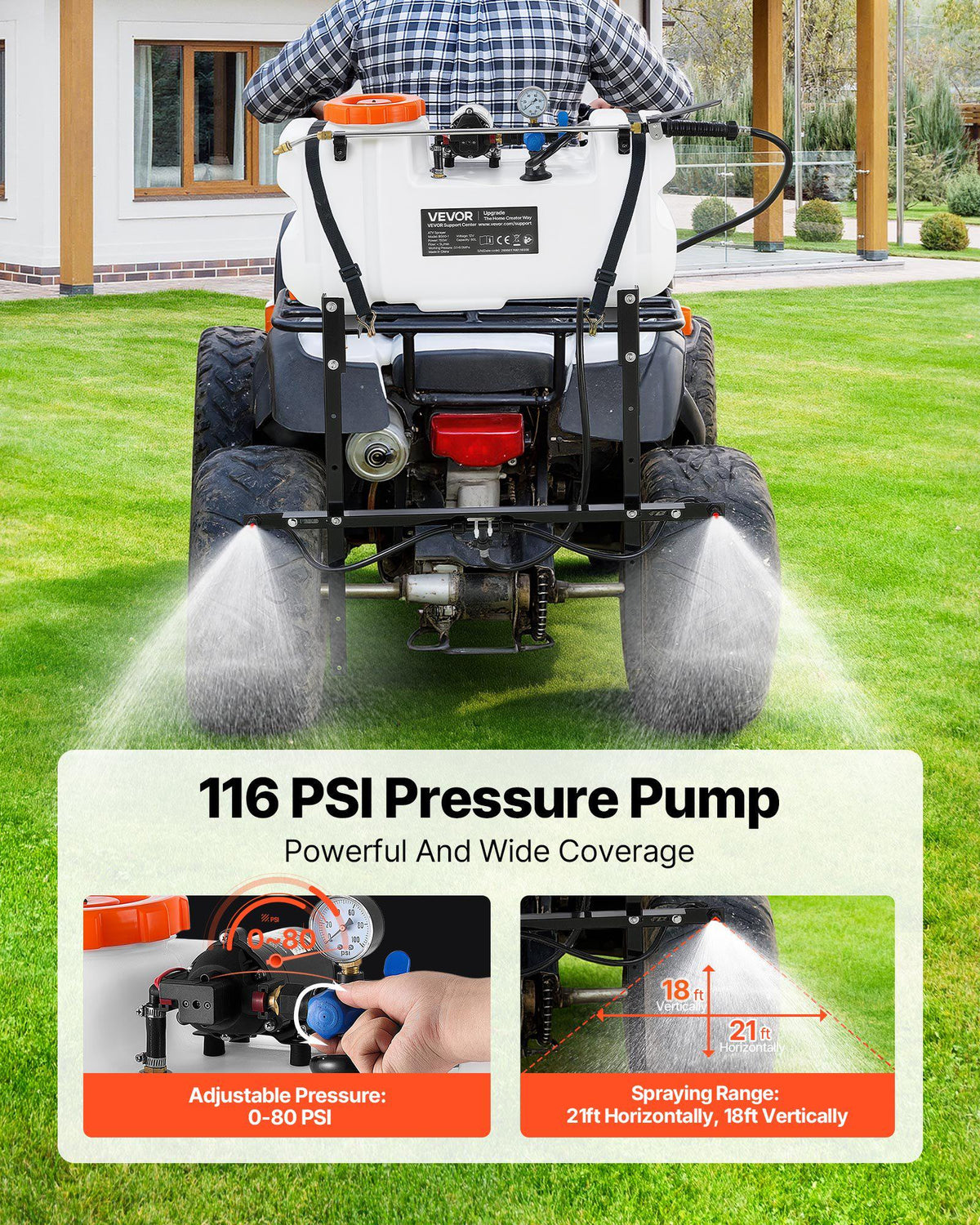 ATV Spot Sprayer 15.9 Gal/60L 12V Pump ATV/UTV Broadcast Sprayer, for Garden Farm, 1.9 GPM Flow Rate, Adjustable 0-72 PSI, Weed Spray with Brass Nozzle, Boom, Water Tank, 20 ft Hose, White