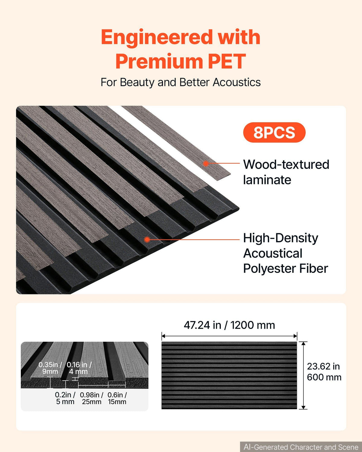 Wood Wall Panels, 47.2 x 23.6 in, Acoustic Slat Panels, Black Gray, Sound Absorbing for Living Rooms, Bedrooms, Offices, and Studios, Interior Wall Decor, PET Construction, Screw Kit, 8-Pack