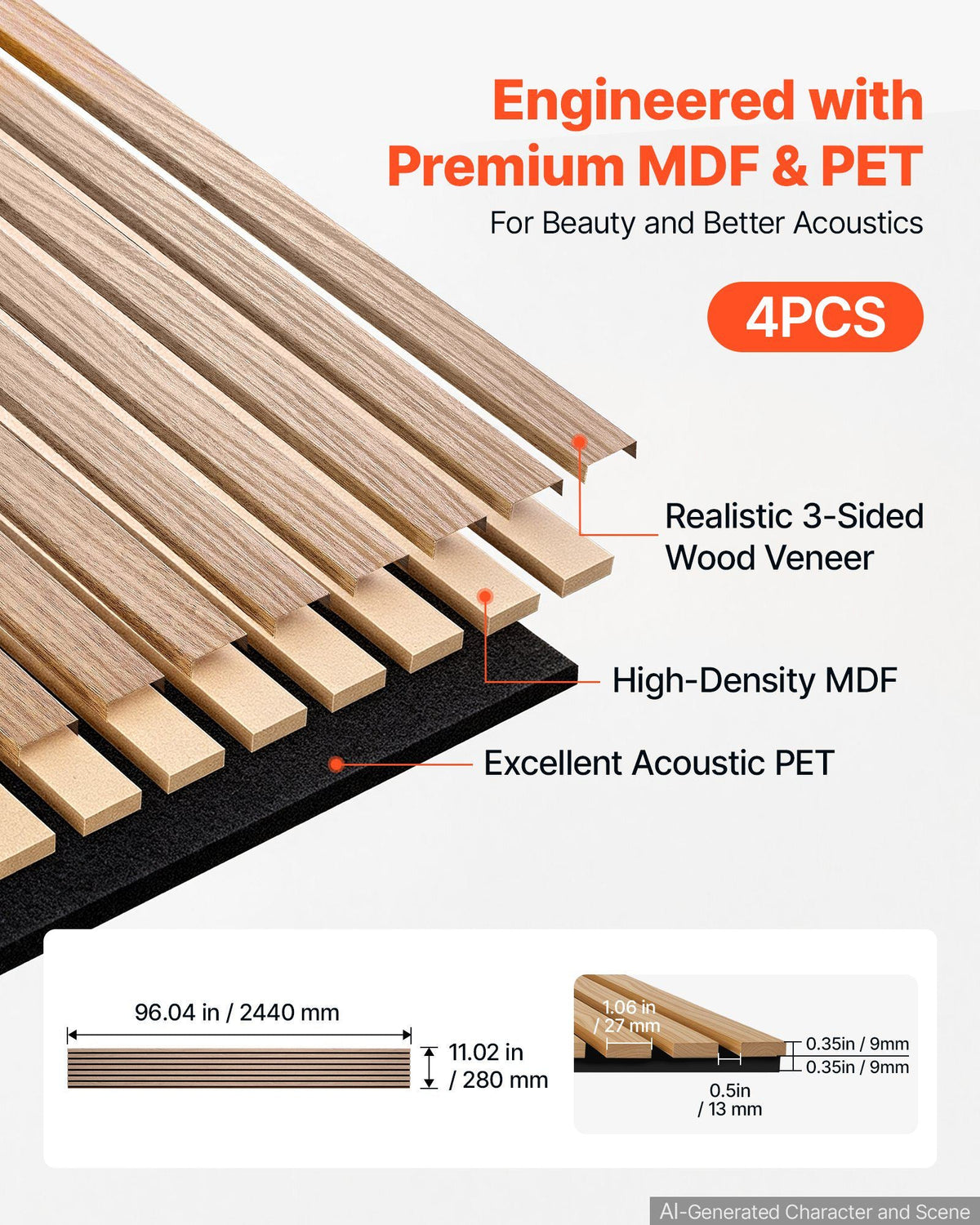 Wood Wall Panels, 96.1 x 11 in, Acoustic Slat Panels, Walnut Finish, Sound Absorbing for Living Rooms, Bedrooms, Offices, Studios, Interior Wall Decor, MDF & PET Construction, Screw Kit, 4-Pack