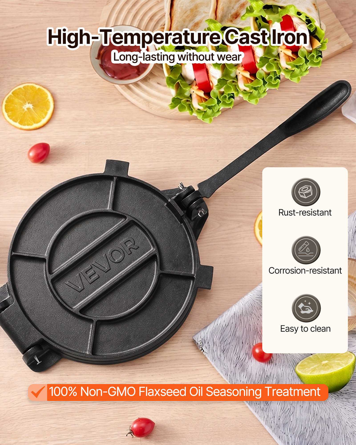 Tortilla Press 12 In Cast Iron Roti Maker and Tortilladora Heavy Duty, Ideal for Homemade Flatbreads Kitchen, Restaurant, Bakery, Quesadilla Pataconera Press, with Handle, 50 Pcs Parchment Paper