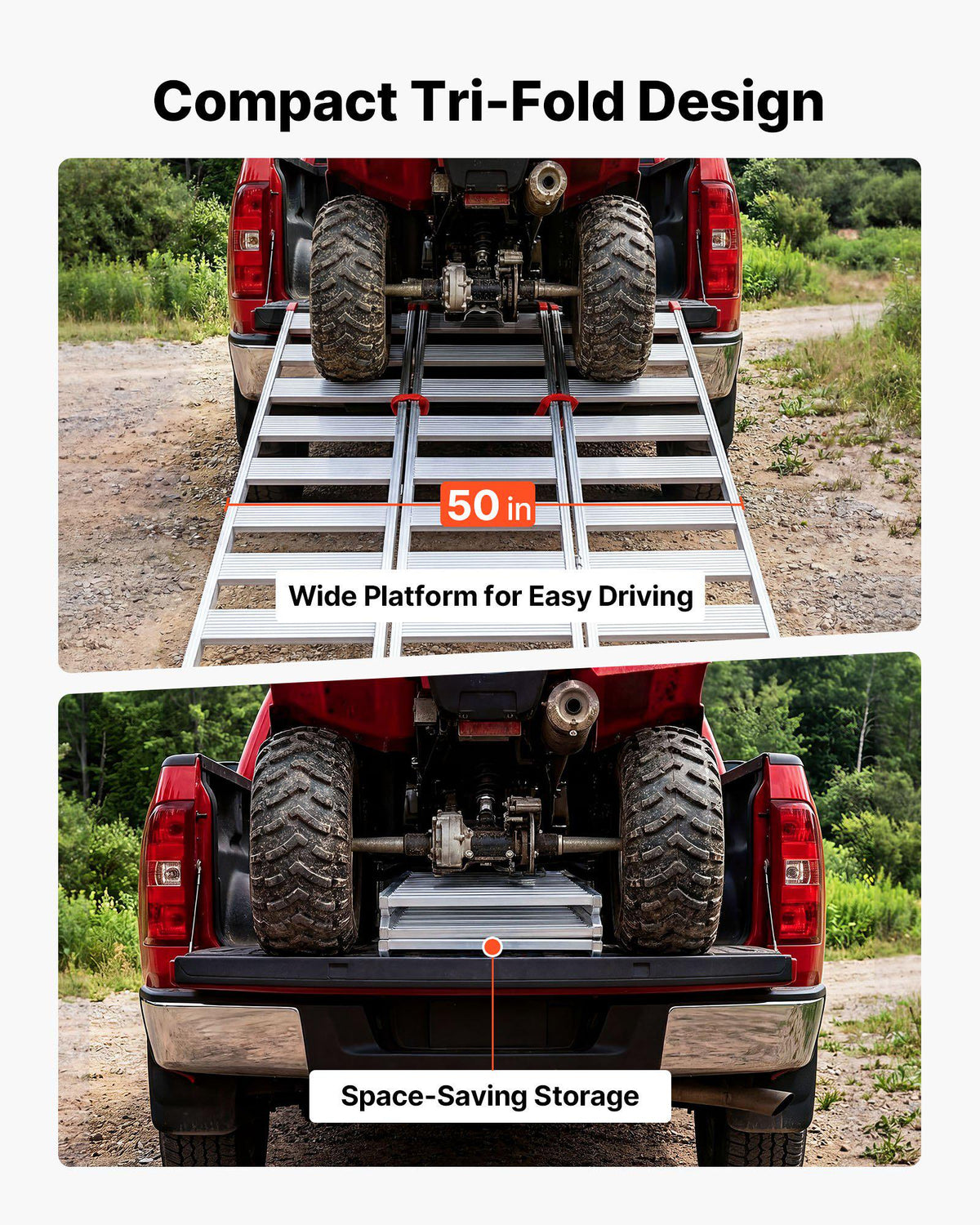 Aluminum Trailer Ramps, 76 x 50 in Tri-Folding Truck Ramps with Straps & Non-Slip Rubber Fingers, 1500LBS Capacity ATV Loading Ramps for Pickup Trucks, Motorcycles, Lawn Mowers, Tractors, Carts