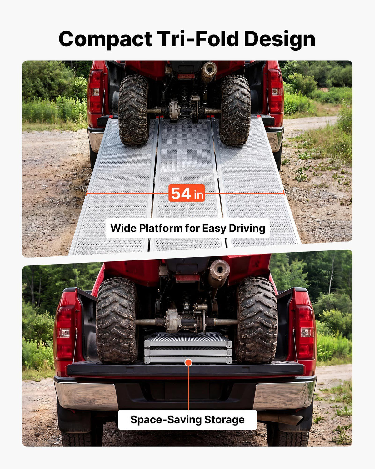 Aluminum Trailer Ramps, 76 x 54 in Tri-Folding Truck Ramps with Straps & Non-Slip Rubber Fingers, 1500LBS Capacity ATV Loading Ramps for Pickup Trucks, Motorcycles, Lawn Mowers, Tractors, Carts