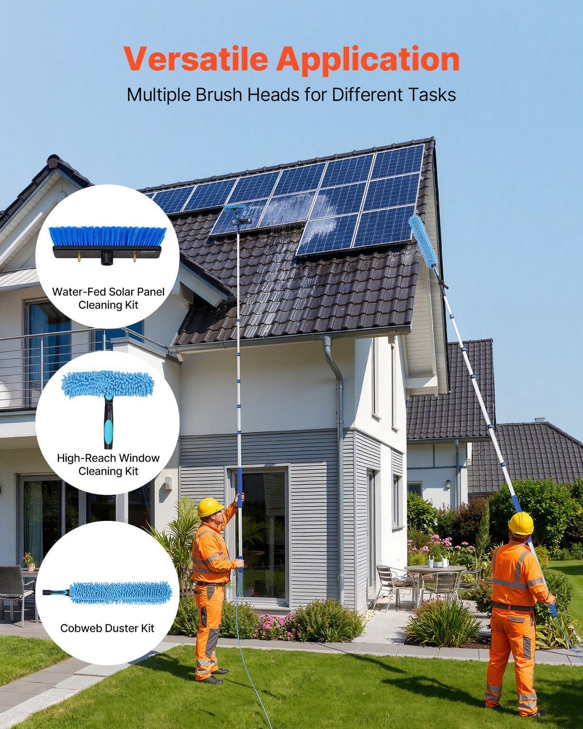 Solar Panel Cleaning Kit, 39 ft, Water Fed Pole Kit with Cleaning Brush, Soap Dispenser, Extendable Aluminum Telescopic Pole, 180° Rotatable Brush Head, for Roof Mounted Solar Panels, Windows