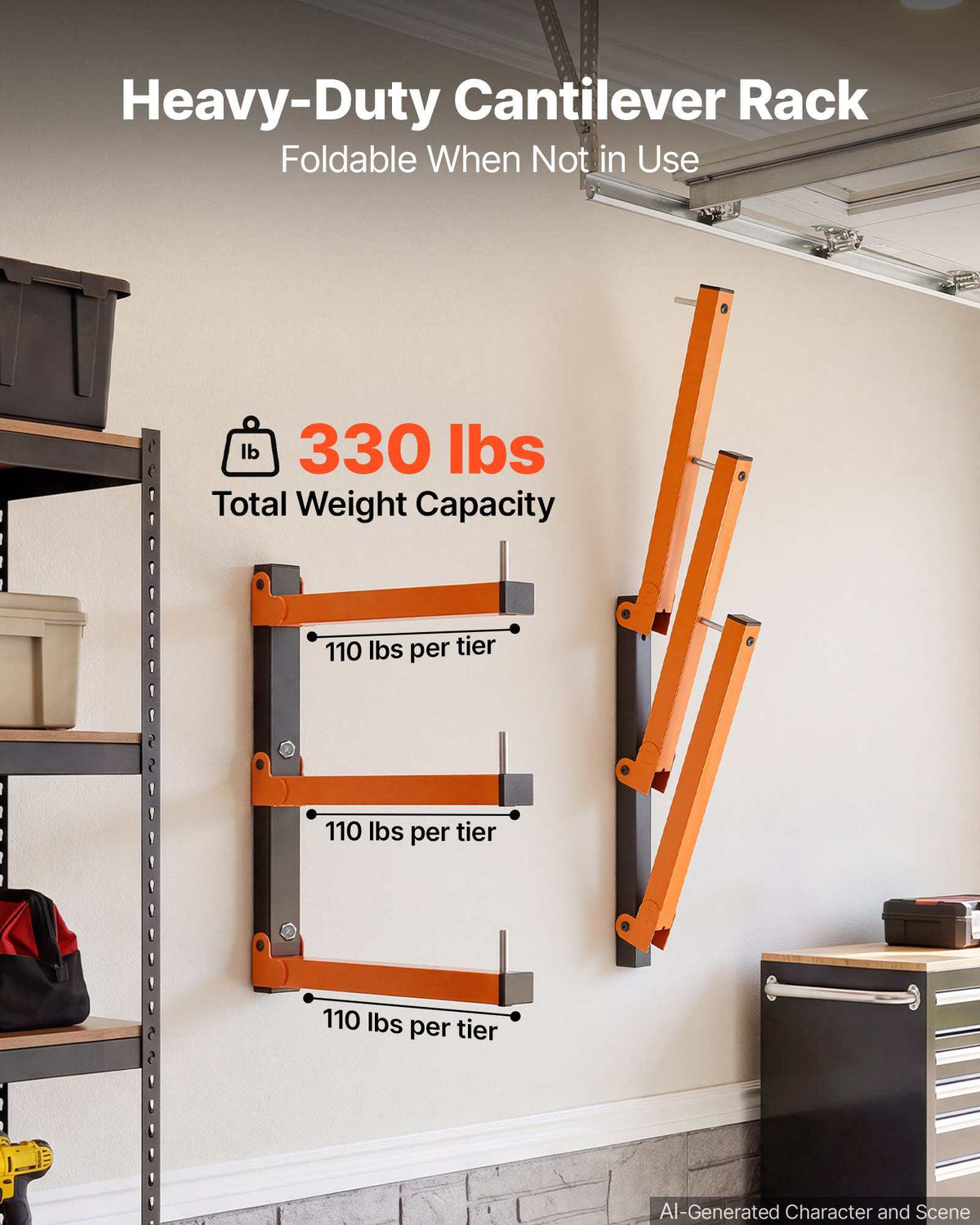 Lumber Rack, 3-Tier 2-Pack 110 lbs per Tier, Foldable Wood Storage, Wall-mounted for Garages, Workshops, Warehouse, Basement, Heavy-Duty Cantilever Arms, Locking Pins, Steel, Orange & Black
