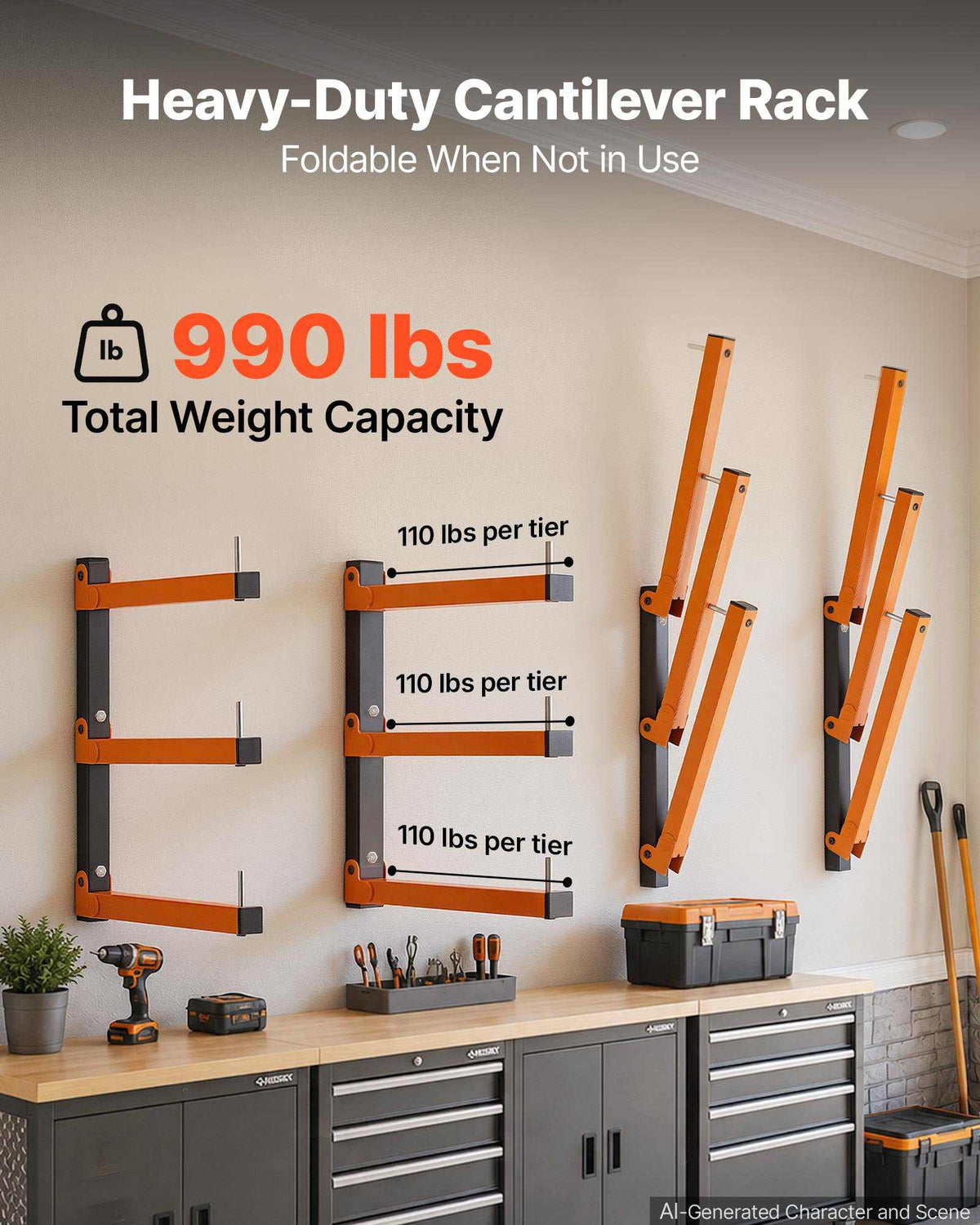 Lumber Rack, 3-Tier 6-Pack 110 lbs per Tier, Foldable Wood Storage, Wall-mounted for Garages, Workshops, Warehouse, Basement, Heavy-Duty Cantilever Arms, Locking Pins, Steel, Orange & Black