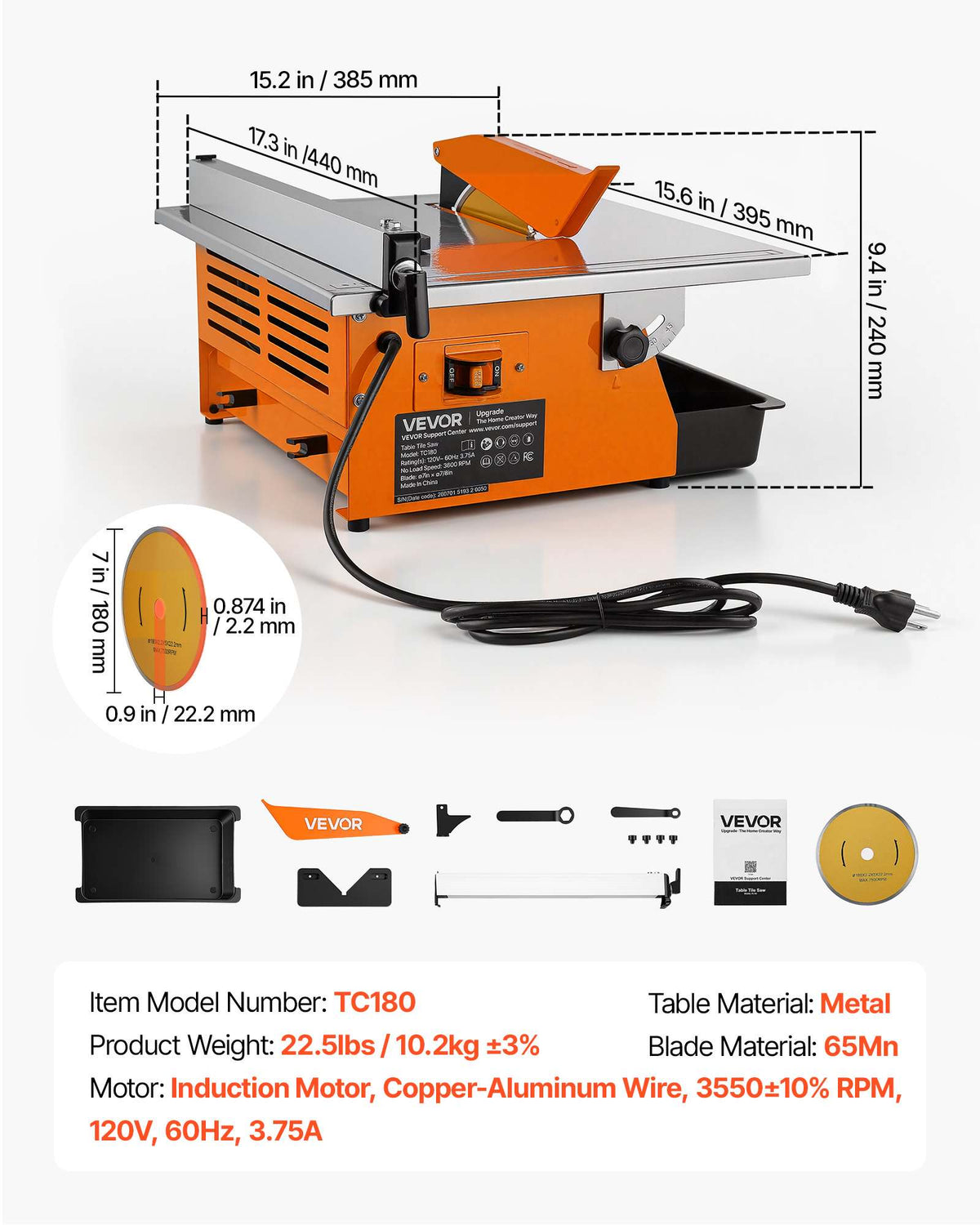 Wet Tile Saw 7 Inch 65Mn Steel Blade 3600 RPM Tile Cutter Wet Saw, for Cutting Tiles and Stones, 0-45° Adjustable Bevel Cut, Powerful Motor, Detachable Water Reservoir, for DIY Enthusiasts