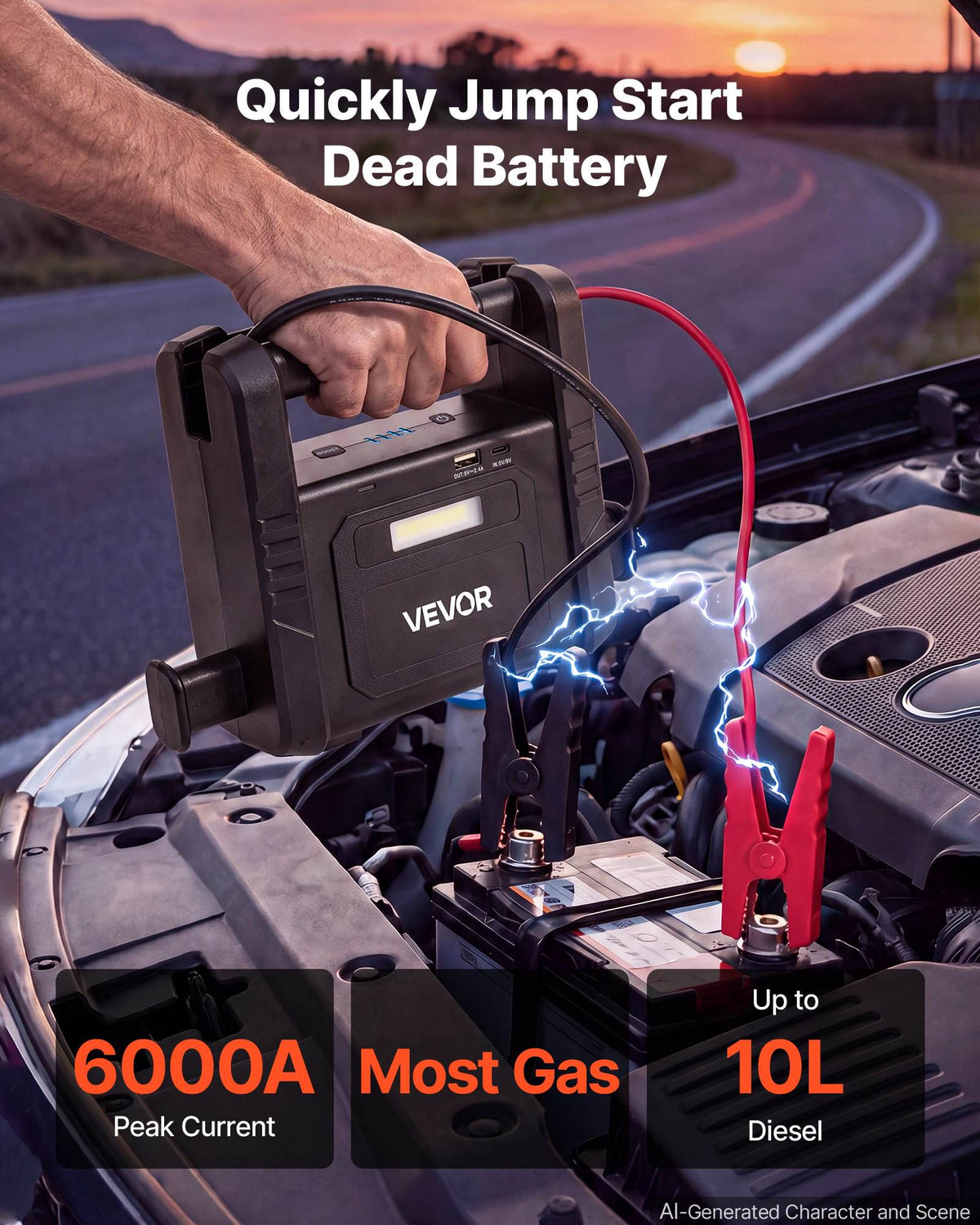 Jump Starter 6000A Peak Portable Car Battery Booster Jump Box 12V, for Up to Most Gas / 10.0L Diesel Engine, Power Bank, 3 Mode Emergency LED Flashlight, Lithium Battery Pack, with USB Output