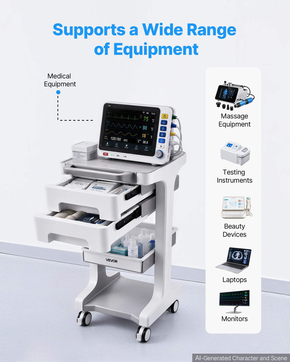 Medical Cart 110.23 lbs Max Load Medical Trolley Cart with 2 Drawers, for Clinic, Hospital, Laboratory, Stable Support, Silent Rolling Trolley with 360° Swivel Lockable Wheels, Organized Storage
