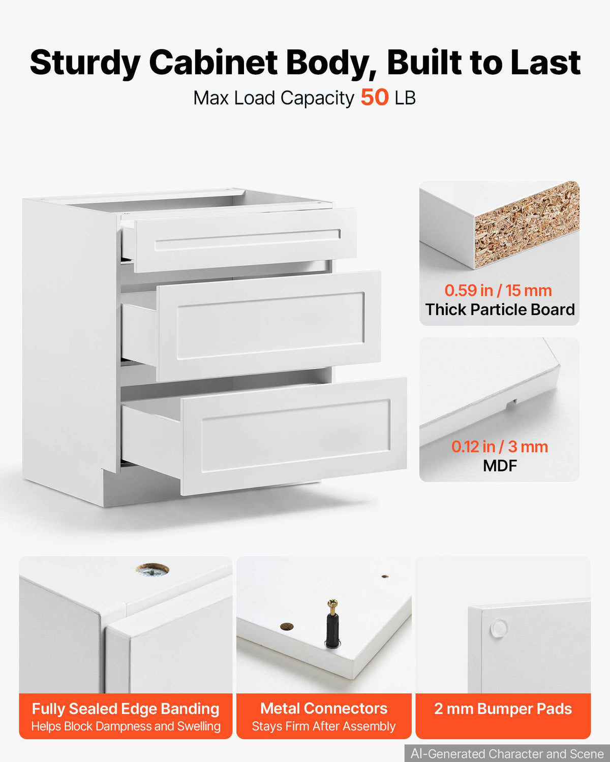 White Shaker Base Cabinet Ready to Assemble, 30"W Unassembled Cabinet, 30" W x 24" D x 34.5" H, with 3 Drawers, Soft-Close Hardware, Fine Edge Banding, for Home, Office, and Laundry Room