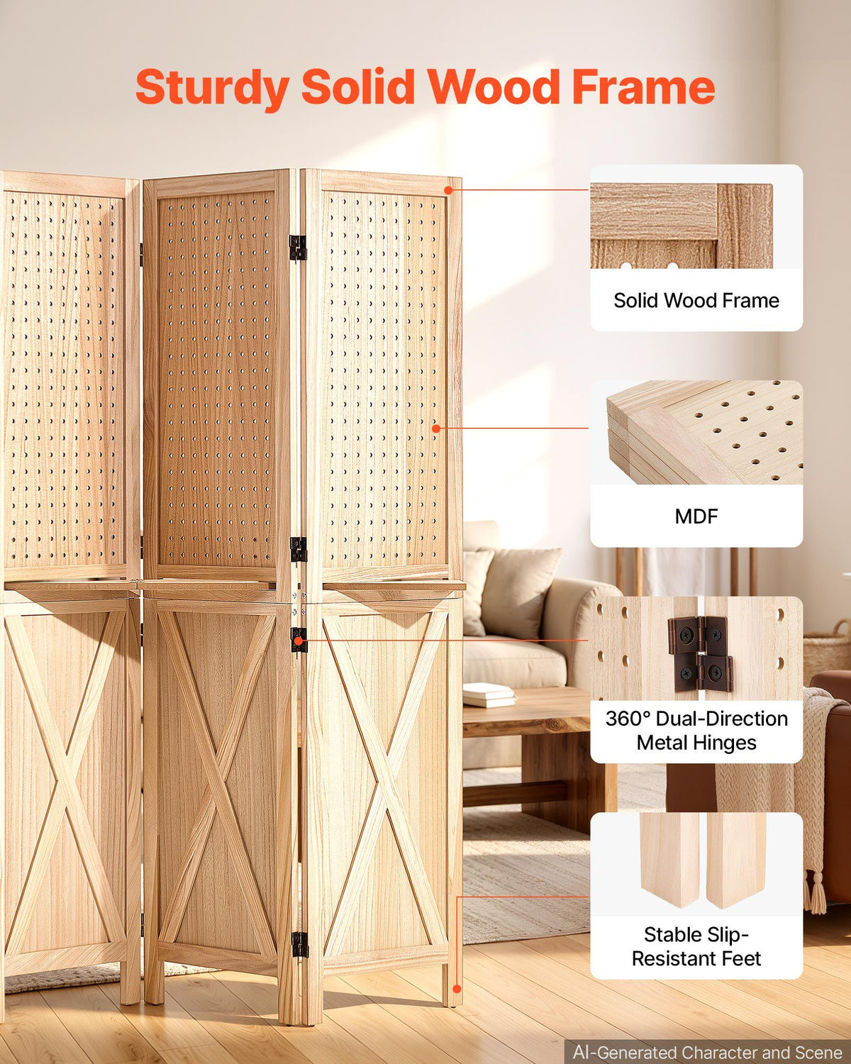 Wood Room Divider Pegboard Wood Folding Privacy Screen with Shelves, For Room Separation & Home Decor, 4 Panels, Solid Frame with X Pattern, 360° Two-Way Hinges, Wooden Partition with Hardware