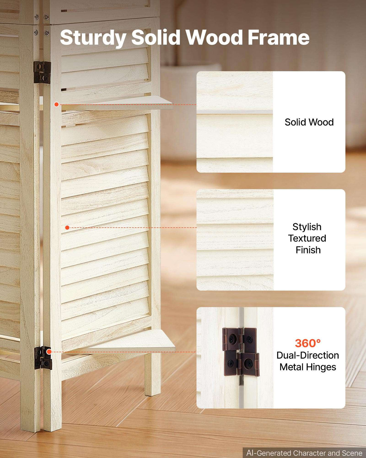 Wood Room Divider 6 Panels Wood Folding Privacy Screen with Shelves, For Room Separation & Home Decor, 67.1 in Tall, Solid Frame, 360° Two-Way Hinges, Louvered Wooden Partition with Hardware