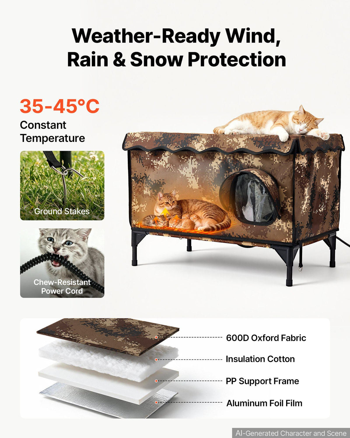 Elevated Heated Cat House 25.4W Insulated Shelter with Heated Pad, for Indoor Outdoor Winter Use, 2-Door & Private Side Curtain, Waterproof Weatherproof Stray Feral Kitty Shelter for Outside