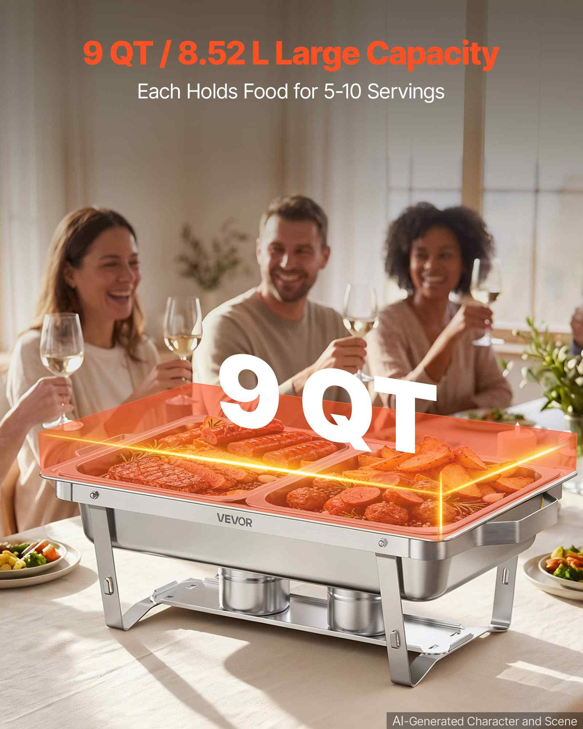 2 Packs Chafing Dishes for Buffet Set, 9QT Stainless Steel Chafer, for Banquet Party Wedding, Rectangle Buffet Server and Warmer with 1 Full & 2 Half Size Pans, Fuel Holder, and Foldable Stand