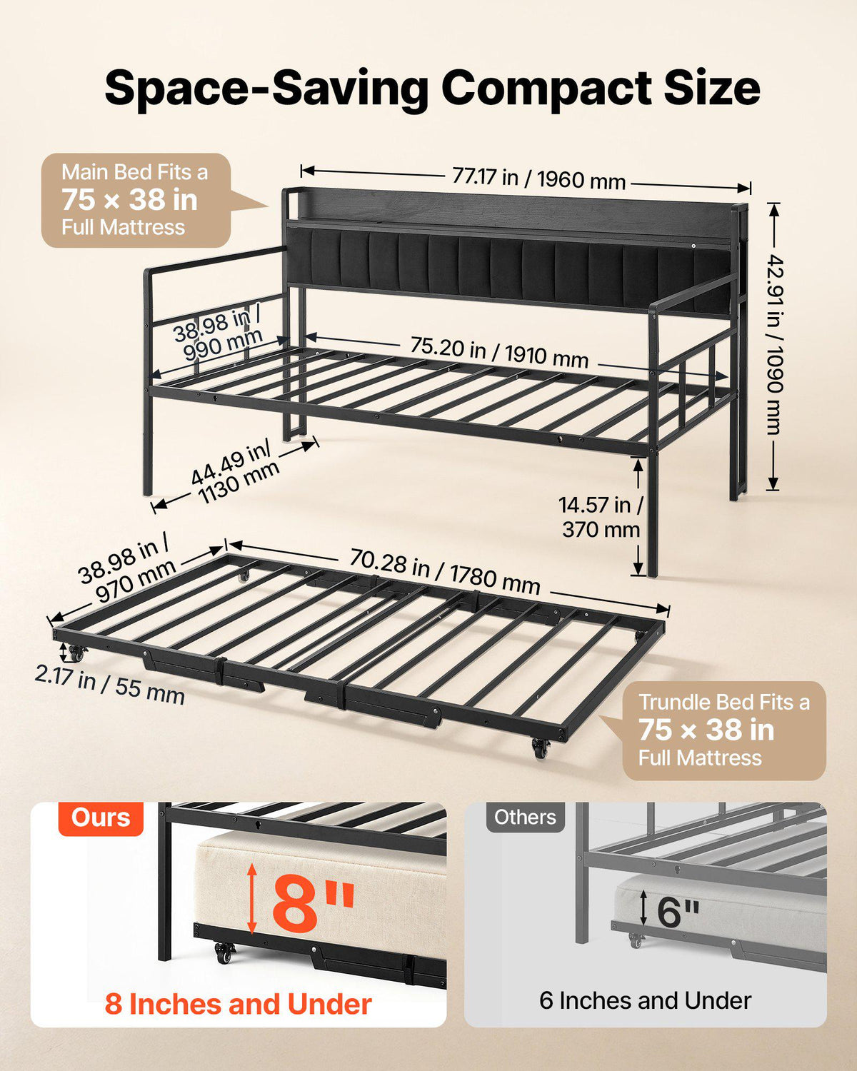 Twin Daybed with Pop Up Trundle Bed Frame Charging Station LED Light, for Living Room Bedroom Guest Room, Heavy Duty Sofa Day Bed with Storage Headboard, 4 Casters, Height Adjustable, Black