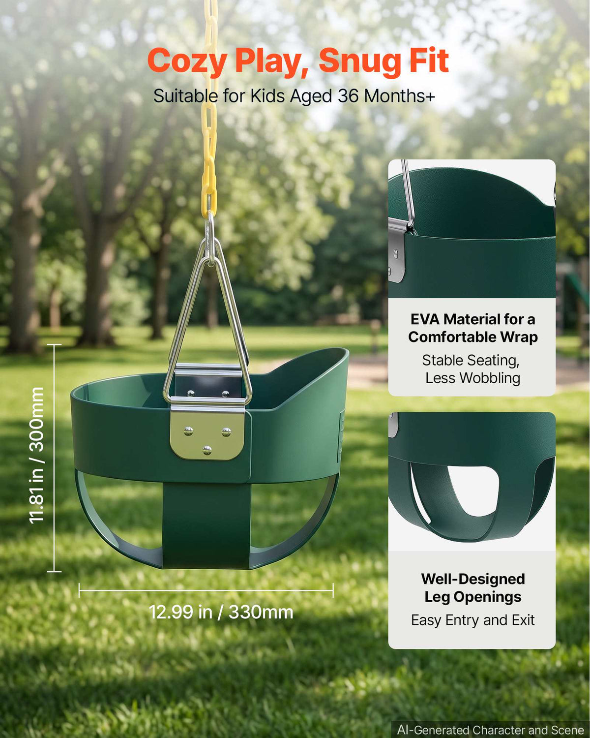 Toddler Swing 300 lbs High Back Full Bucket Baby Swing Seat Green, for Outdoor & Indoor Backyard Playground, Heavy-Duty Coated Chains and Carabiners, Fully Assembled Seat for Toddlers Age 3+