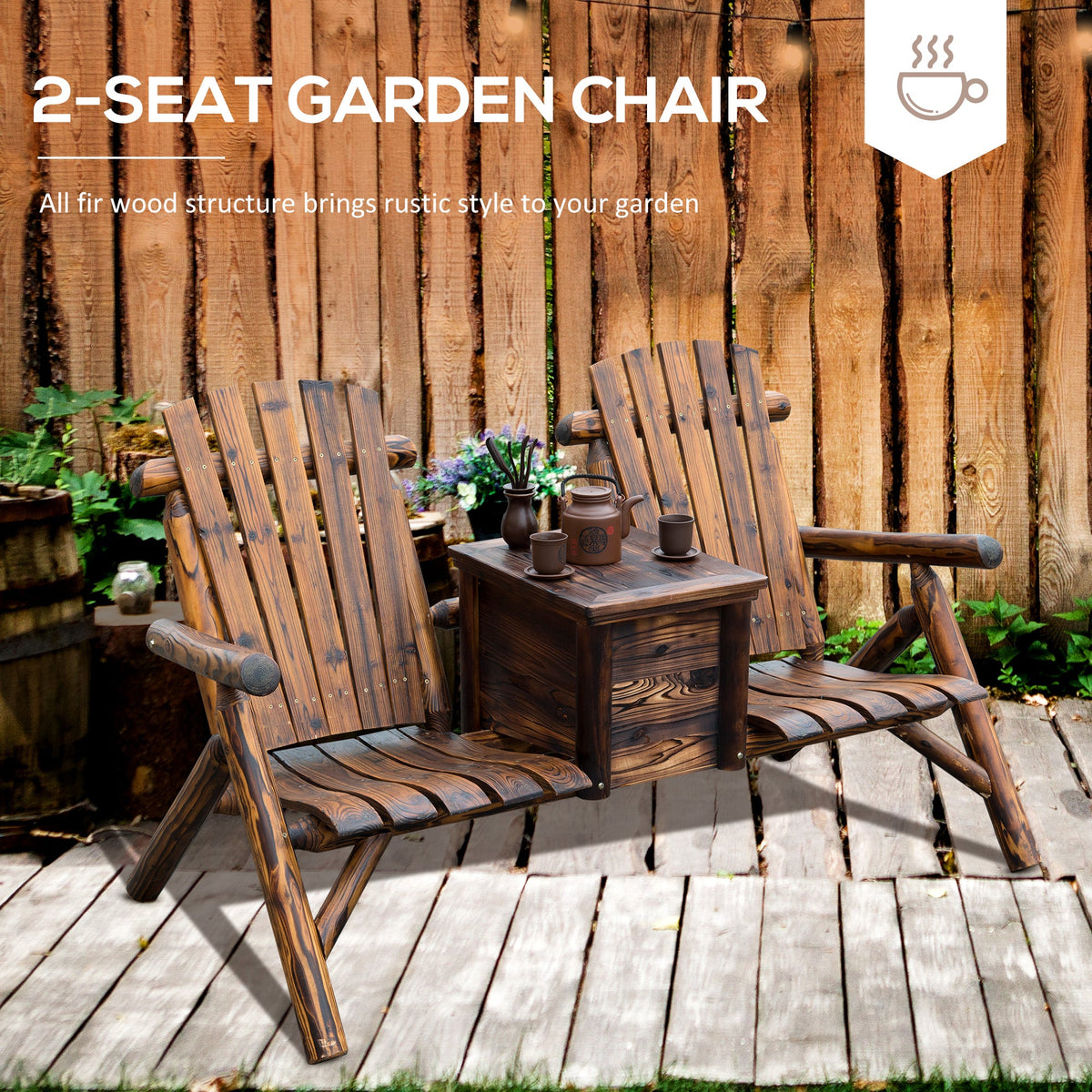 Double Wooden Adirondack Chair with Ice Bucket, Outdoor Loveseat with High Backrest, Smooth Armrest, Rustic Brown