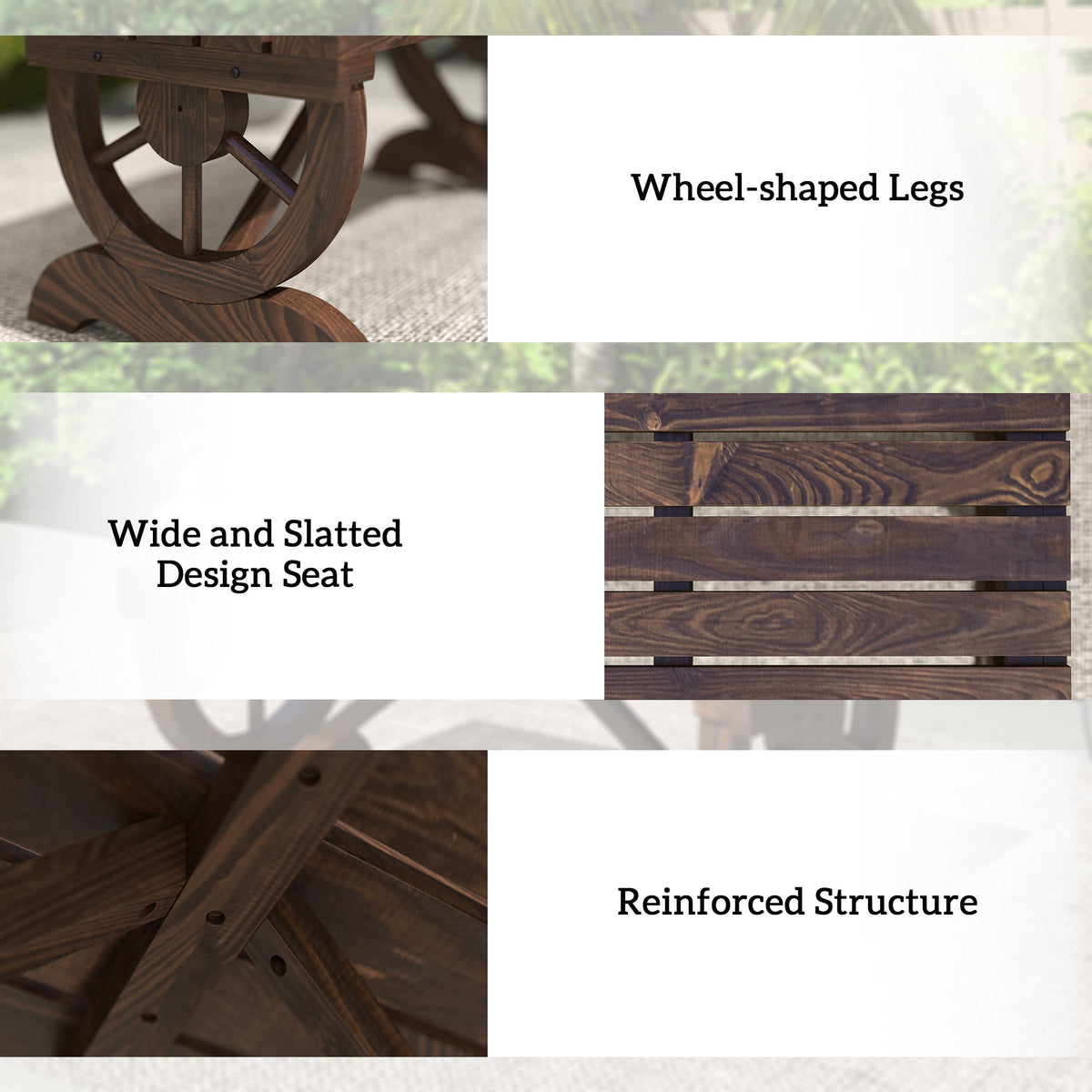 2-Person Wooden Garden Bench, Outdoor Wagon Wheel Porch Bench for Backyard Garden, Support 550 LBS, Rustic Country Style Patio Furniture, Brown