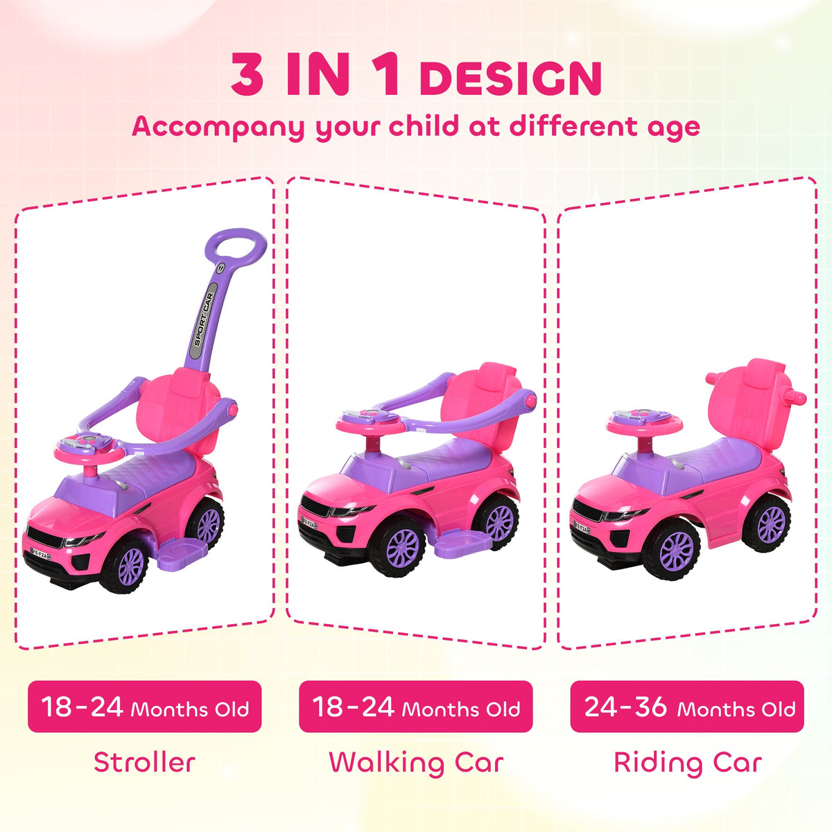 3 In 1 Push Cars for Toddlers Kid Ride on Push Car Stroller Sliding Car with Horn Music Light Function, Pink