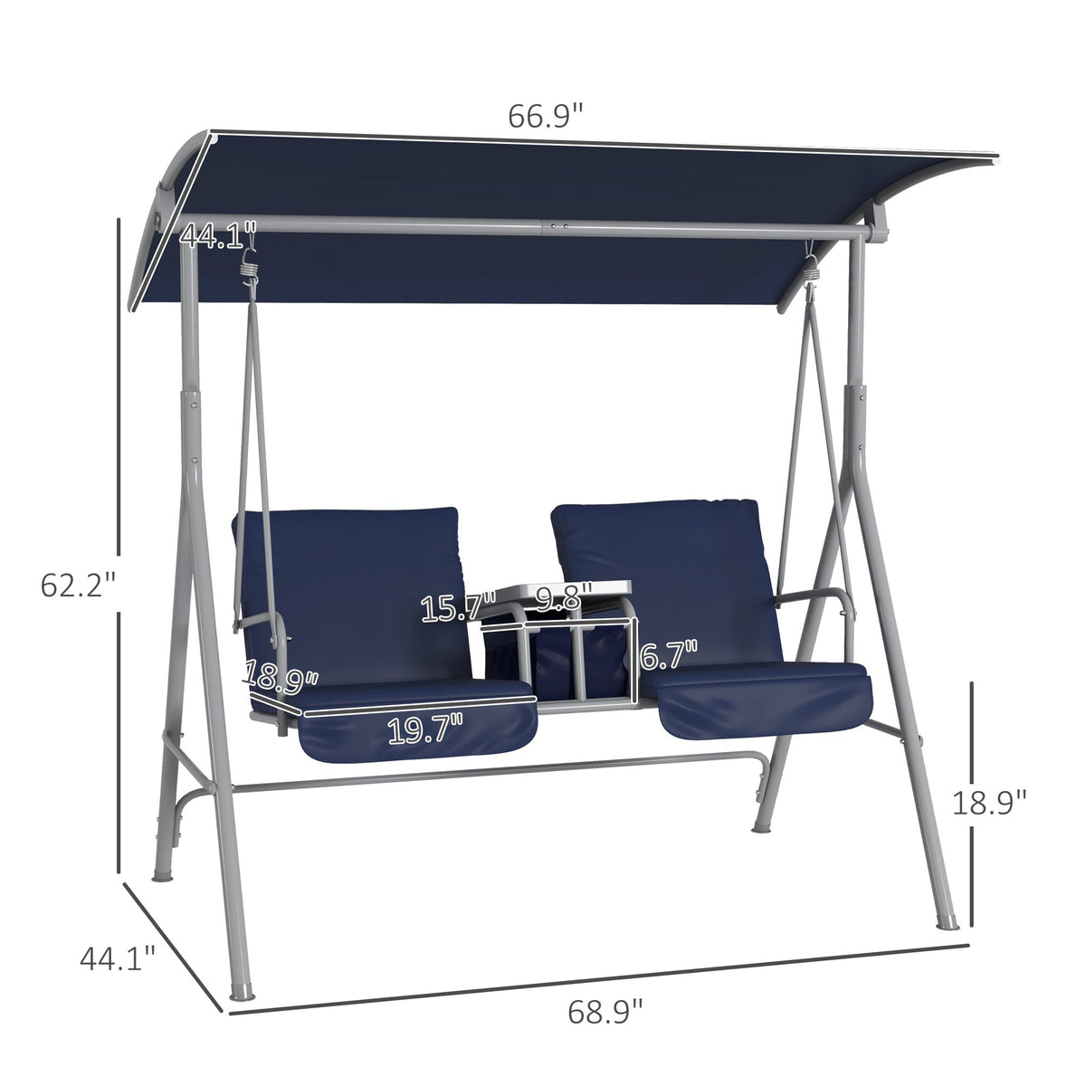 2-Seater Outdoor Porch Swing with Canopy and Table, Patio Swing Chair for Garden, Poolside, Backyard, Dark Blue
