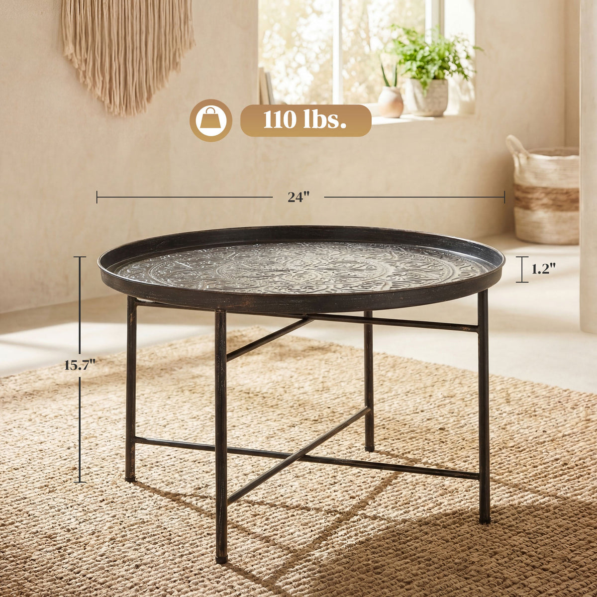 Coffee Table for Living Room, 24" Round Center Table with Hammered Tray Top and Metal Frame for Bedroom, Pewter