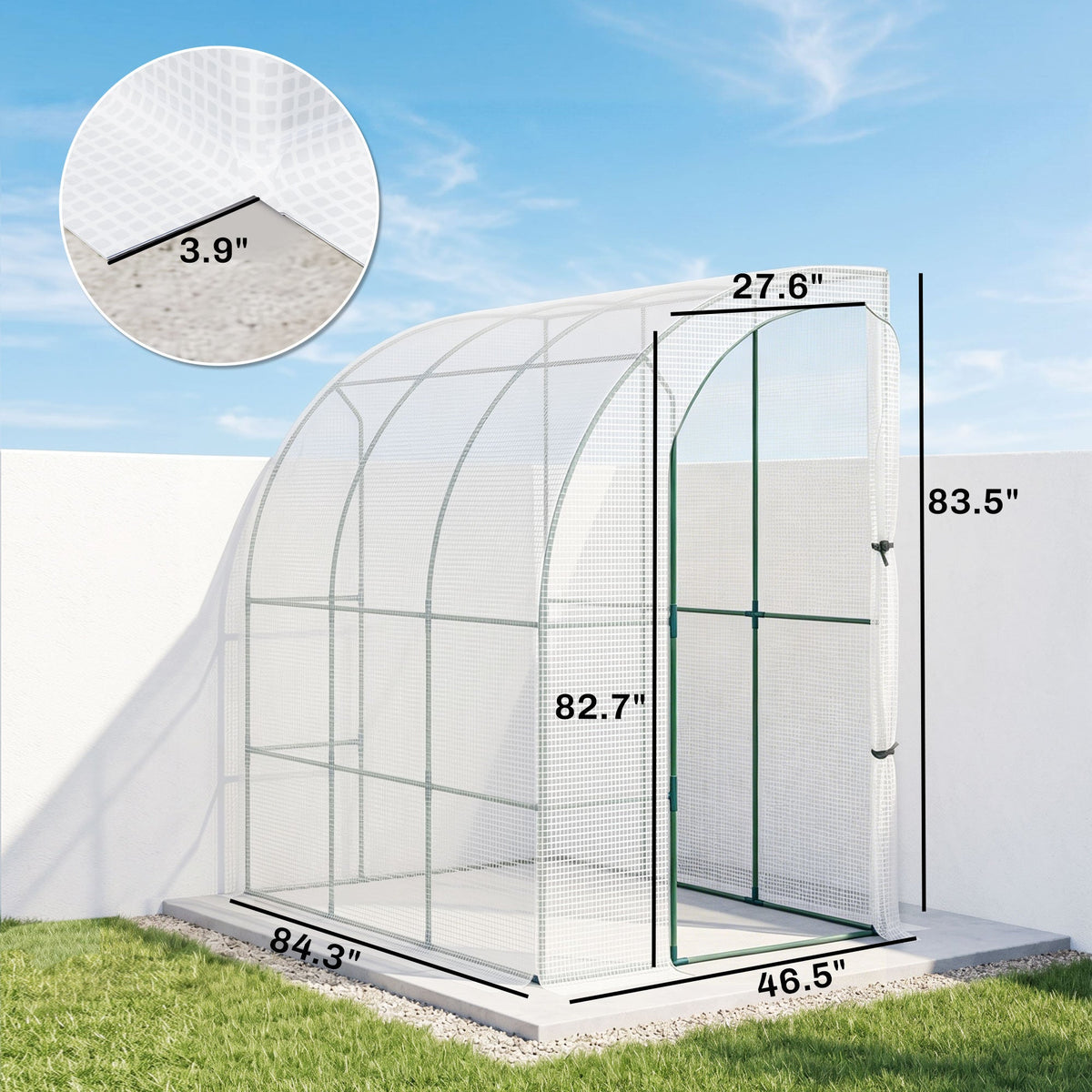 7' x 4' x 7' Outdoor Lean to Greenhouse, Walk-In Green House Plant Nursery with Roll-up Window, PE Cover, White