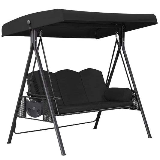 3-Seat Outdoor Patio Porch Swing with Adjustable Tilt Canopy (Excluding iron frame chairs Cushions and Pillow）Black