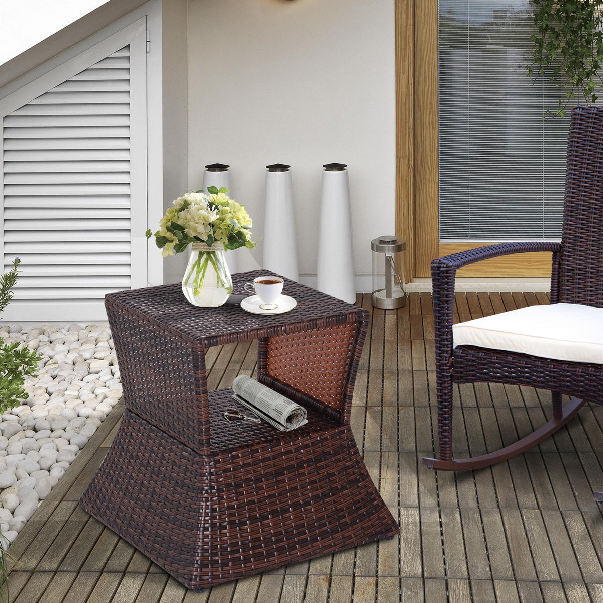 Outdoor Side Table with Umbrella Hole, 2 Tier Rattan Wicker End Table with Storage Shelf, All Weather