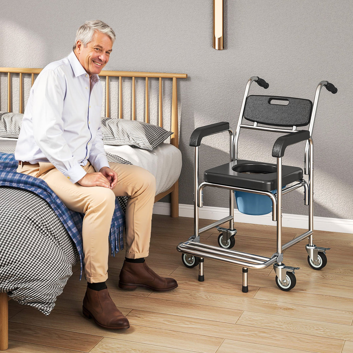 3-in-1 Shower Commode Mobility Chair, Accessible Transport Commode Medical Rolling Chair, Black