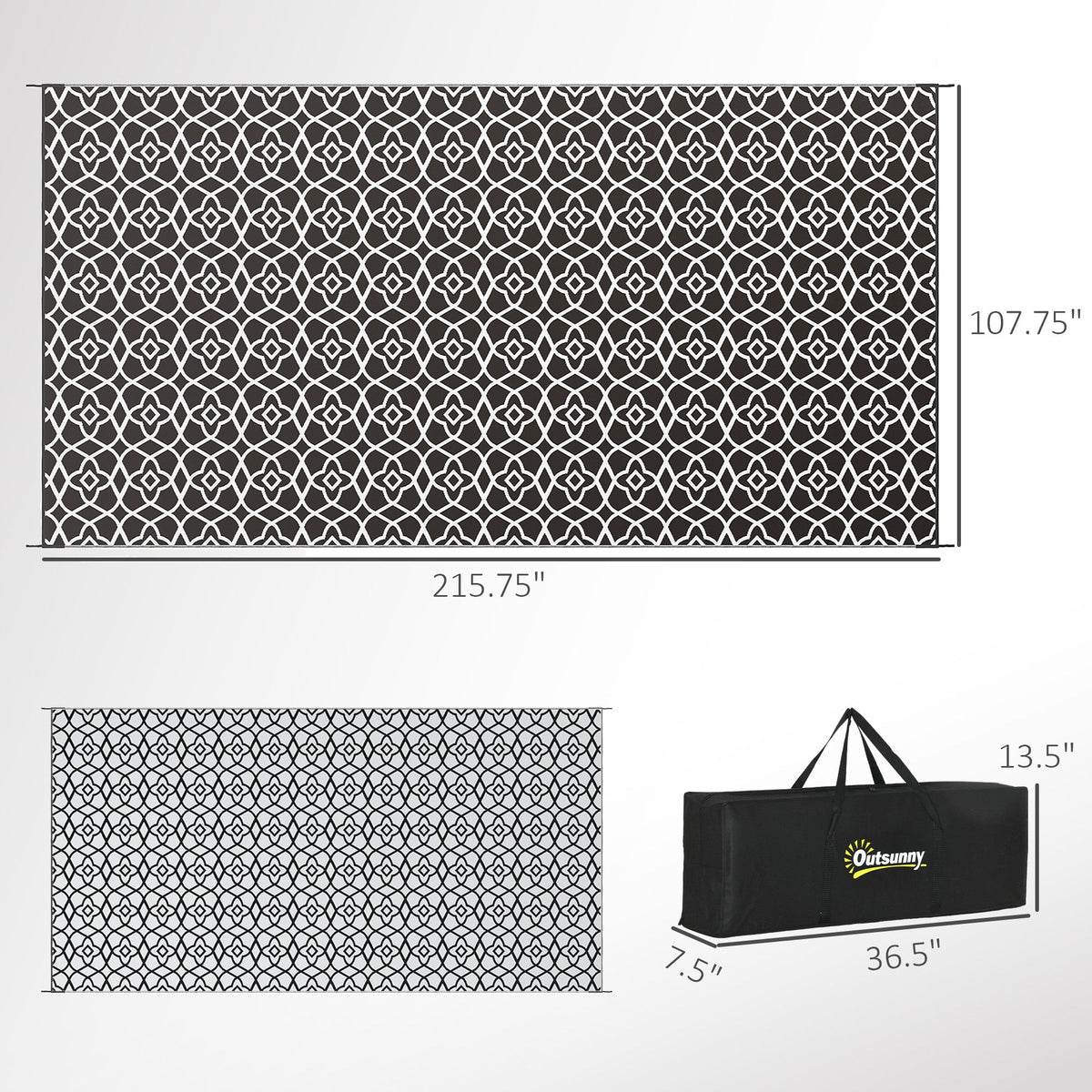 Reversible Outdoor Rug Carpet RV Camping Rugs with Carry Bag, 9' x 18', Black & White Clover