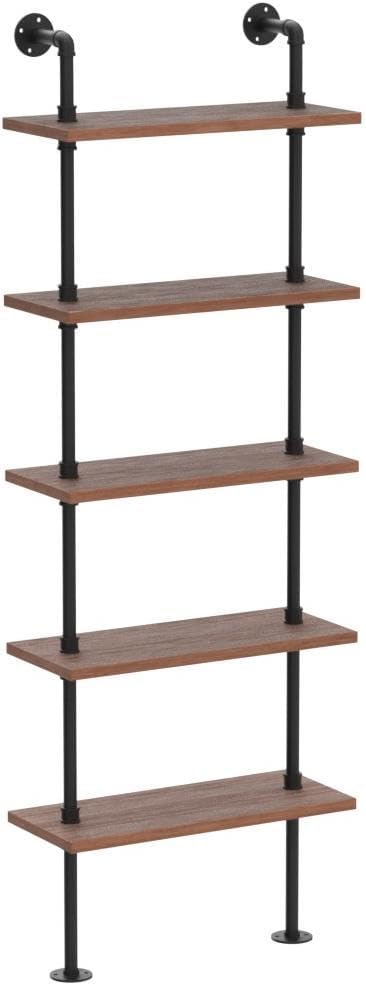 5 Tier Industrial Ladder Bookshelf, Wall Mounted Wood Metal Rustic Pipe Shelves (Weathered Brown, 5 Tier - 10" D x 24" W x 70" H)