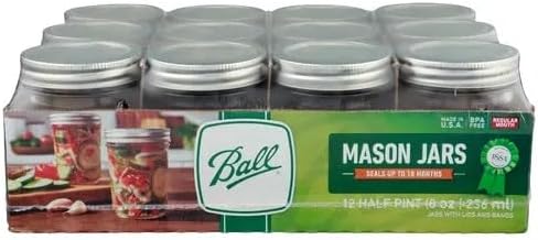Ball Regular Mouth Mason Jars 8 oz. (12 Pack) - Half Pint Size Jars with Airtight Lids and Bands for Canning, Fermenting, Pickling, Meal Prep or DIY Decors