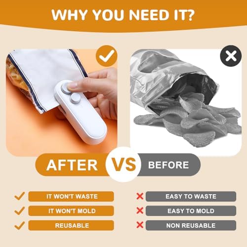 2-in-1 Mini Bag Sealer & Cutter, Rechargeable Portable Snack Bag Heat Sealing Machine with Magnet, Handheld Resealer for Food Storage - 2 Pack (White)