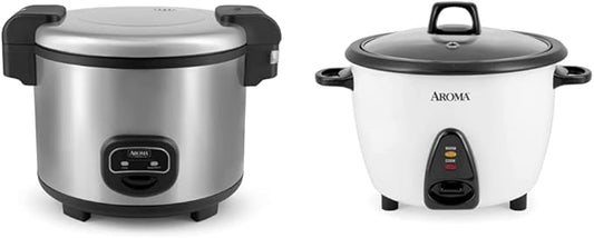 Aroma Housewares 60-Cup (Cooked) (30-Cup UNCOOKED) Commercial Rice Cooker, Stainless Steel Exterior (ARC-1130S) & ARC-360-NGP 20-Cup Pot-Style Rice Cooker & Food Steamer, White
