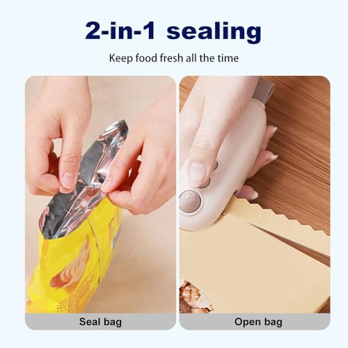 2-in-1 Mini Bag Sealer with Cutter & Magnet - Rechargeable Portable Handheld Food Storage Resealer for Snack Bags - Compact Heat Seal Machine (A - White - 2pcs)