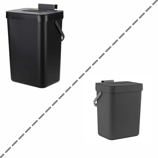 1.3 Gallon/ 5L Compost Bin Indoor Kitchen and 3.2 Gallon/12L Small Trash Can with Lid for Kitchen Cabinet，Black