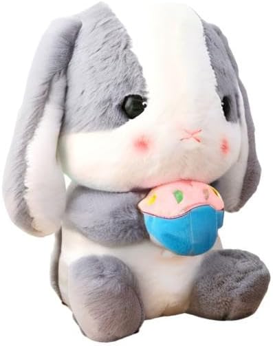 HOUPU Soft Toy - Sitting Lop Eared Rabbit, Easter White Rabbit Stuffed Bunny Animal with Carrot Soft Lovely Realistic Long-Eared Standing Pink Plush Toys (Ash White-Cake,12.5in/32cm)