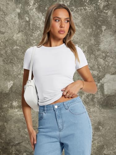 Trendy Queen Womens Basic Short Sleeve Slim Fit T Shirts Soft Crewneck Crop Y2k Tee Summer Cute Gym Fashion Clothes White Medium