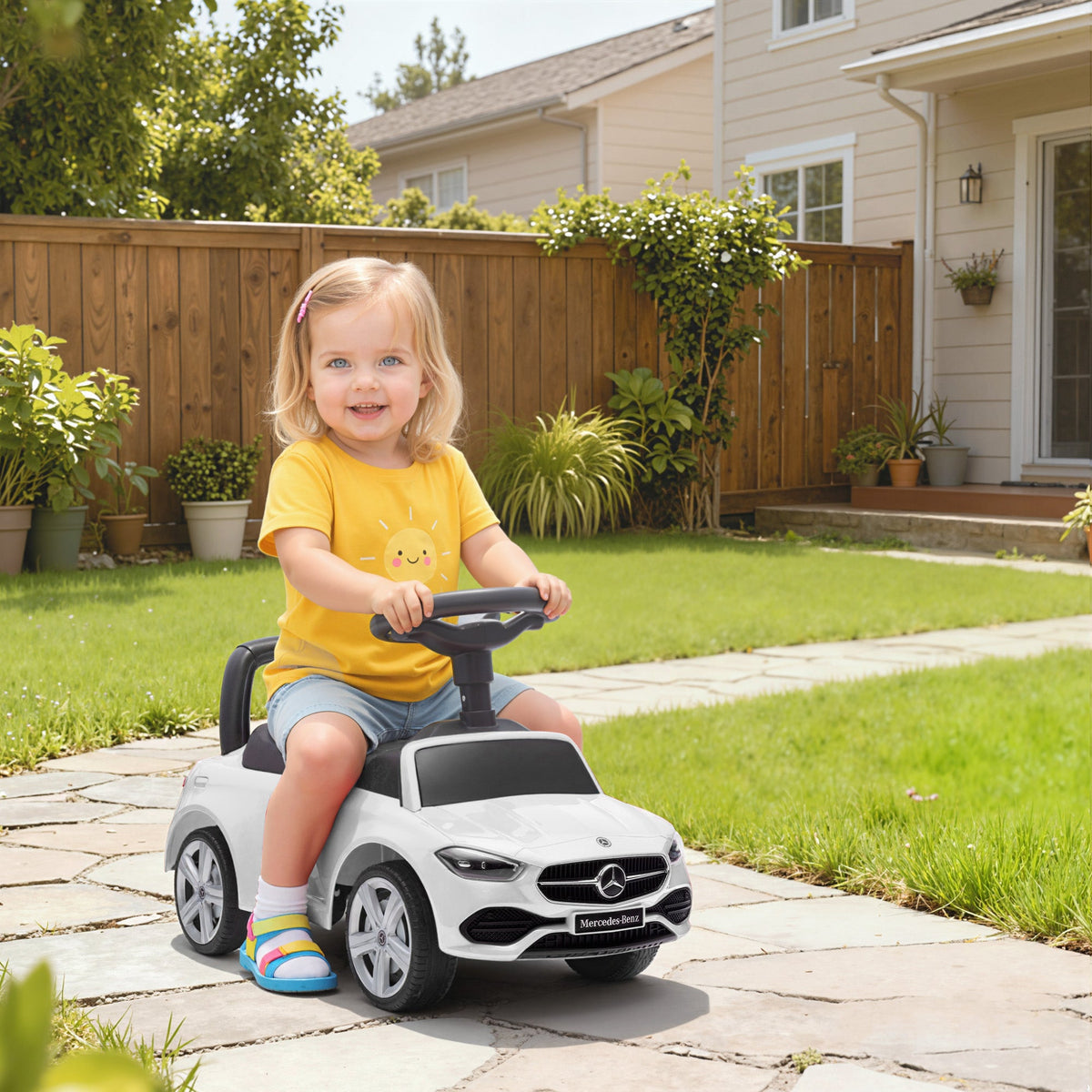 Mercedes-Benz C-Class Licensed Kids Ride On Car, Foot-to-Floor Toy with Anti-Tip Design, Horn & Start Sound, White