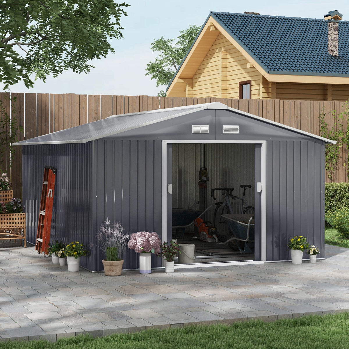 11' x 13' Garden Metal Shed, Storage Shed Utility Storage with Double Locking Doors for Bike, Yard Tools, Dark Gray
