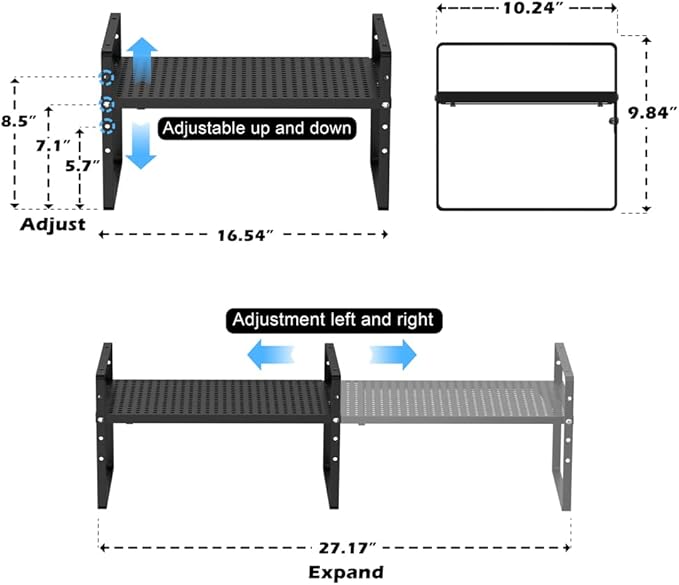 Expandable Cabinet Storage Shelf Organizer Rack, Heavy Duty Steel Metal Spice Rack Adjustable Height Home Office Pantry Shelf Space Riser for Counter Kitchen Organization -Black