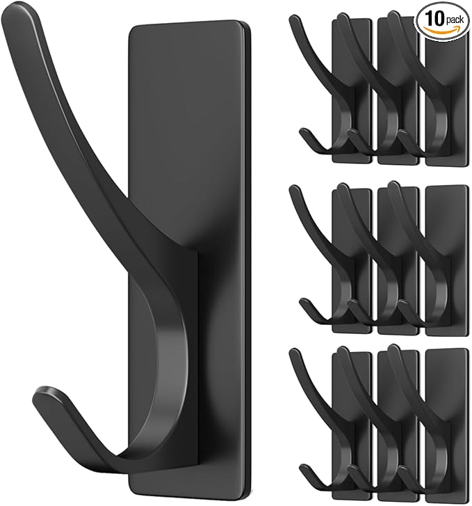 pickpiff 10 Pack Matt Black Self Adhesive Coat Hooks for Hanging: 13LB Extra Strong Stainless Wall Hook for Towel, Utensil, Backpack, Hat, Sturdy Metal Hanger for Bathroom, Kitchen, Door