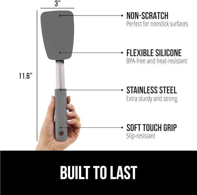 GORILLA GRIP Patented BPA-Free Non-Scratch Spatula, Heat Resistant Flexible Silicone Head for Nonstick Cooking Pans, Soft Rubber Handle, Kitchen Spatulas for Flipping Eggs, Pancakes, 11.6 in, Gray