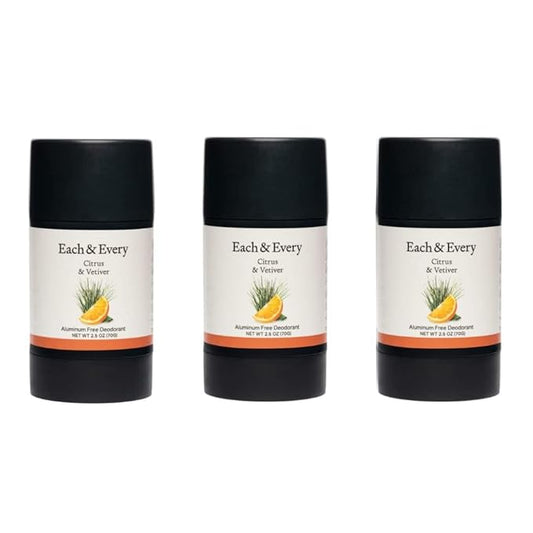 Each & Every All Natural Deodorant for Women & Men - Sensitive Skin, Plant-Based, Baking Soda & Aluminum-Free Deodorant - Long Lasting 24 Hr Odor Control - Citrus & Vetiver Travel Size (3 Pack, 2.5oz)