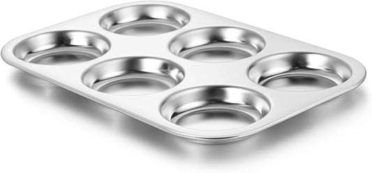 E-far Muffin Top Pan, Stainless Steel 6-Cavity Shallow Cupcake Pan for Baking Whoopie Pie, Yorkshire Pudding, Eggs, Cornbread, Drop Cookies, Non-toxic & Standard Size, Oven & Dishwasher Safe