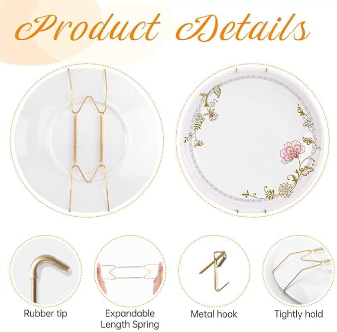 Bilillo 12 Pieces Invisible Wall Plate Hangers 6/8/10 Inches Wall Plate Hangers Stainless Steel Decorative with 12 Pieces Hook with Nails Suitable for 6-11 inch Decorative Antique and Arts(Gold)
