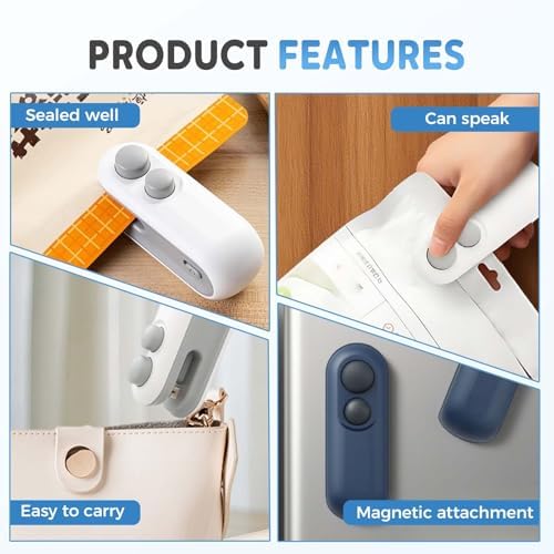 2-in-1 Mini Bag Sealer, Portable Handheld Heat Sealing Machine with Cutter & Magnet, Rechargeable Snack Bag Resealer for Food Storage, 2pcs White