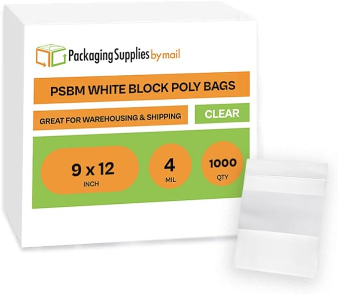 PSBM 1000 Count 4 Mil 9 Inch x 12 Inch, White Block Reclosable Poly Bags, With Write-On Block, Clear Zip Plastic Bag, Lock Seal Zipper For Packing, Storing, Organizing & Shipping Products
