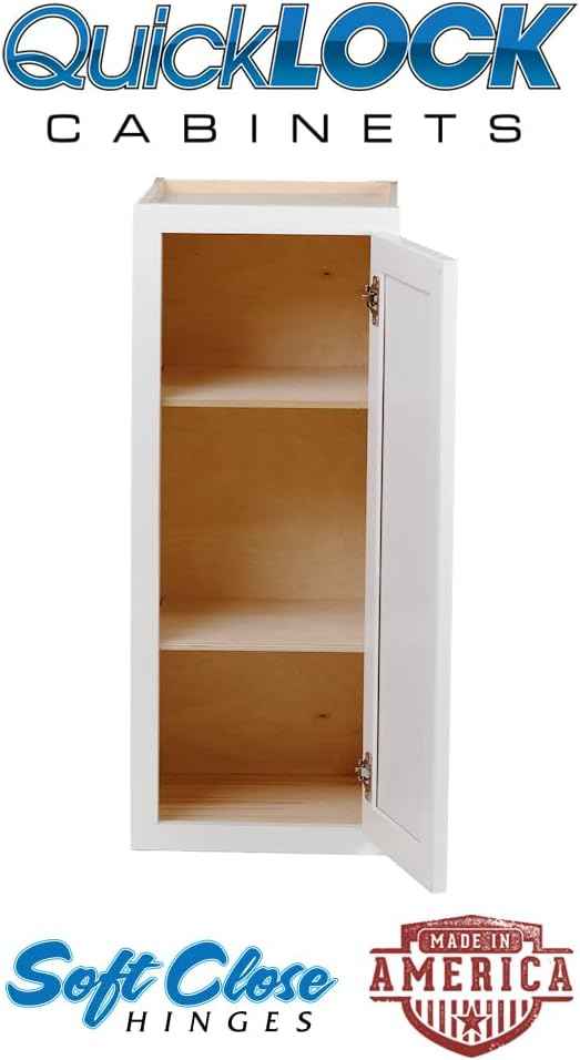Quicklock RTA (Ready-to-Assemble) 42" Tall Wall Kitchen Cabinets - Shaker Style | 100% Hardwood | Made in America | Soft Close Hardware (Pure White, 12" D x 15" W x 42" H)