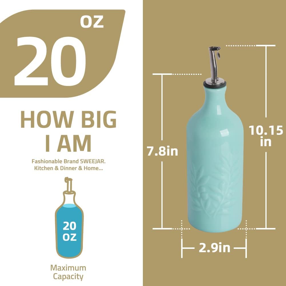 Sweejar Ceramic Olive Oil Dispenser Bottle, 20 Oz Relief Opaque Oil Cruet Protects To Reduce Oxidation, Suitable for Storage,Vinegar, Soy Sauce,Liquids,Set of 2 (White White)